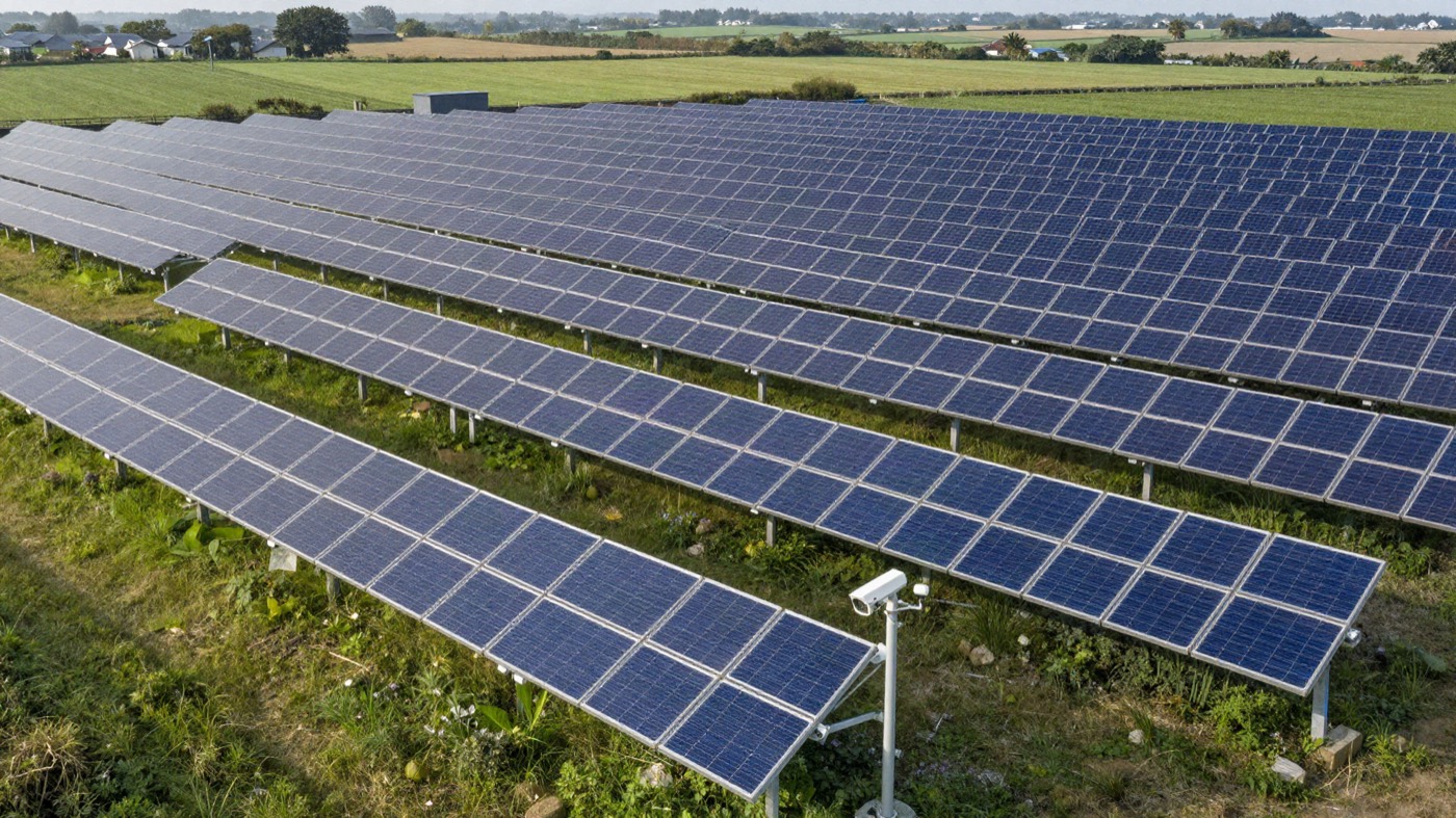 Solar farm with a security camera pole